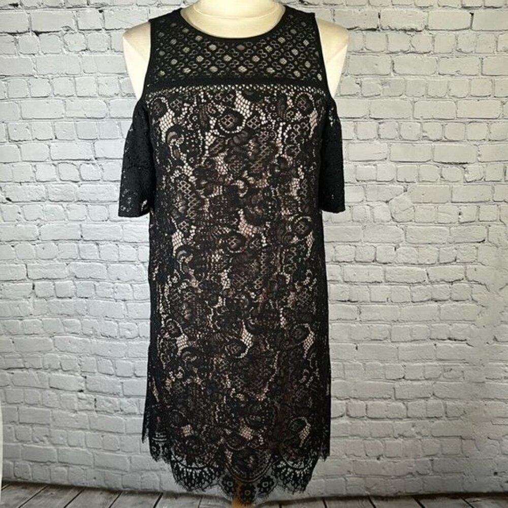 Loft Boudoir Lace Cold Shoulder Black Nude Dress size 4 NEW NWT